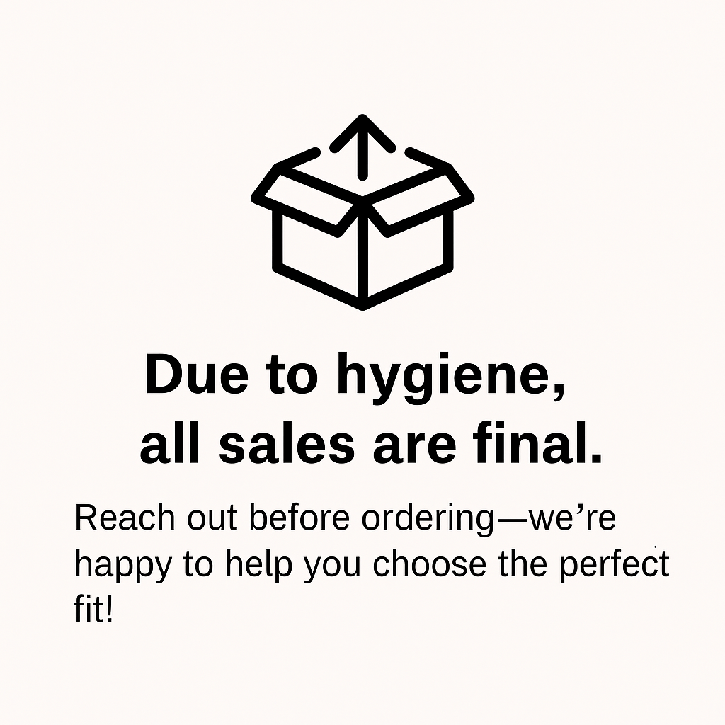 Return policy icon with a box and arrow symbol, stating all sales are final due to hygiene, with customer support offered for product fit questions.