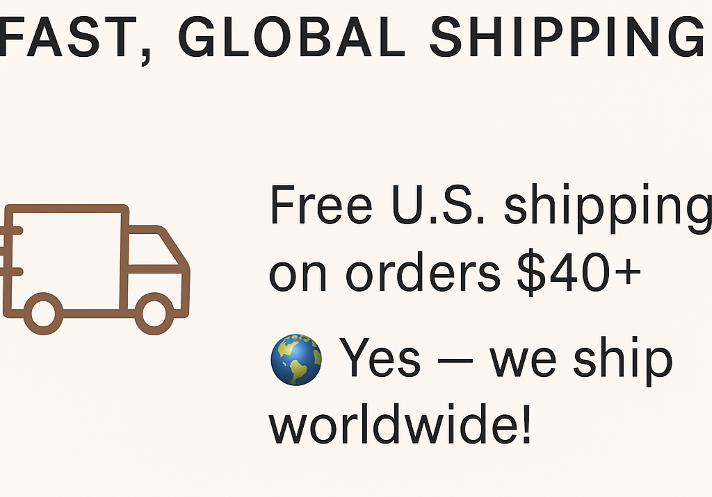 Shipping information icon with a box and globe, stating free U.S. shipping over $40 and international shipping availability