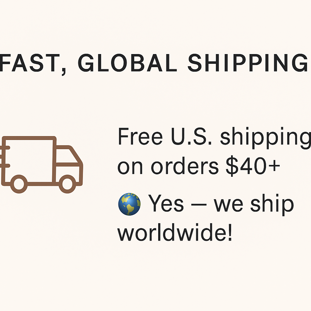 Shipping information icon with a box and globe, stating free U.S. shipping over $40 and international shipping availability