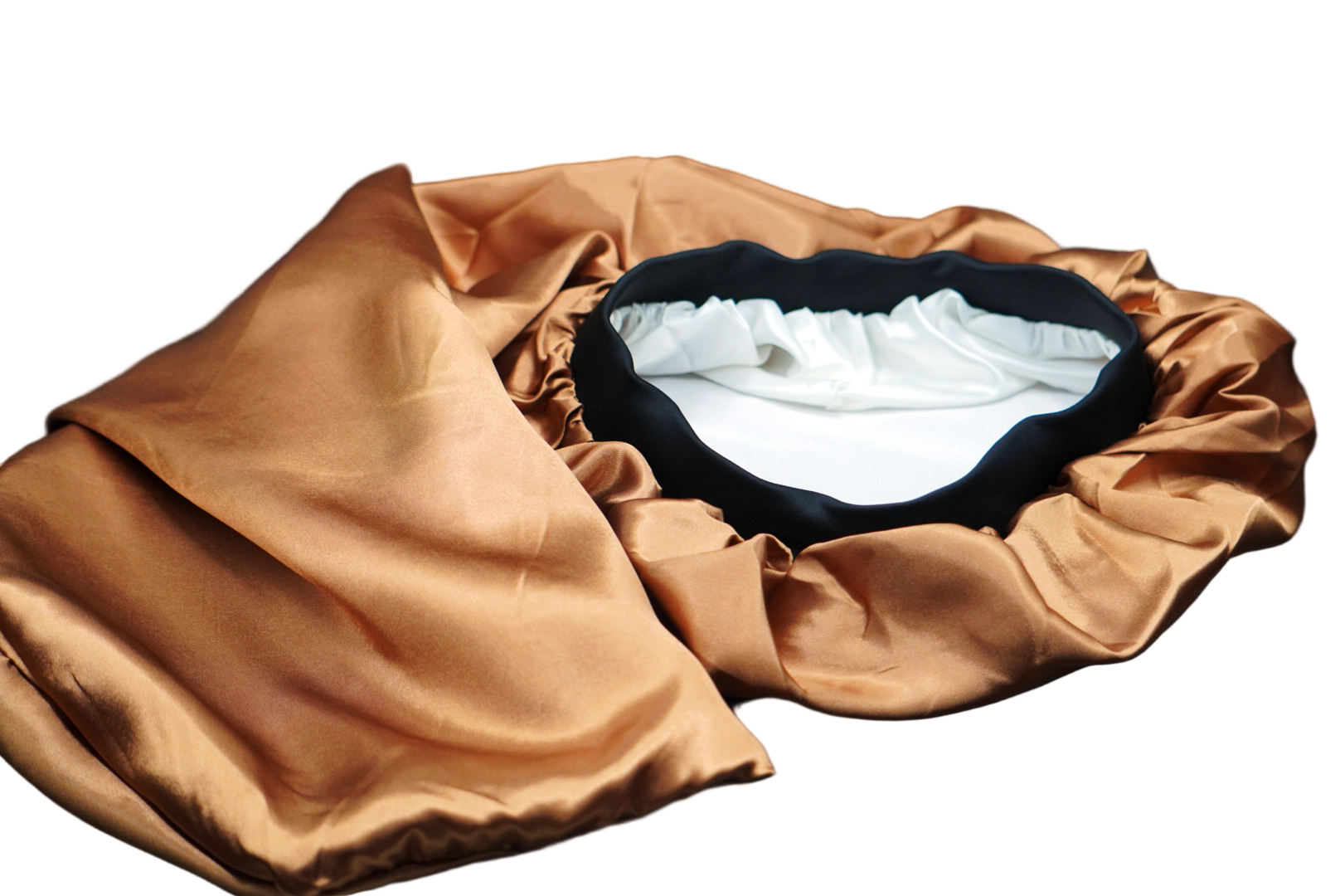 White underwear inside a brown garment bag on a dark surface